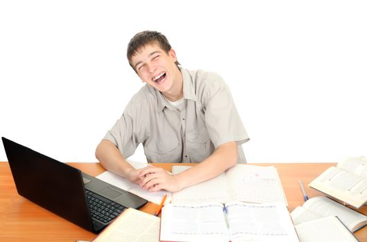 Happy Student Laughing on the School Desk. Isolated on the White Background