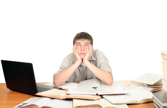 Bored and Tired Student after hard work. Isolated on the White Background