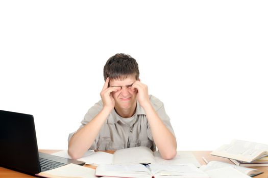 Bored and Tired Student after hard work. Isolated on the White Background