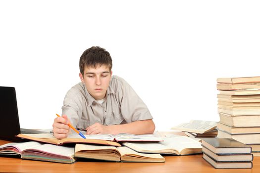 Student on the School Desk. Isolated on the White Background