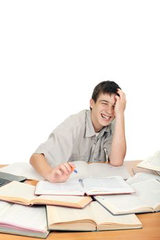 Happy Student Laughing on the School Desk. Isolated on the White Background