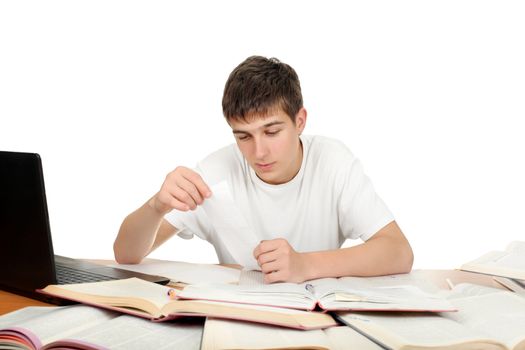 Teenage Student working on the School Desk. Isolated on the White Background