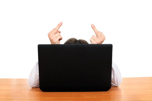 Person Shows Middle Finger Gesture behind Laptop. Isolated on the White Background