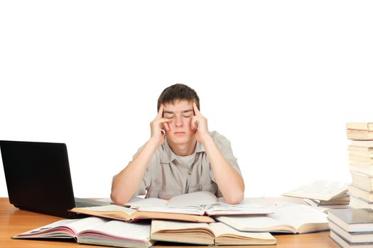 Bored and Tired Student after hard work. Isolated on the White Background