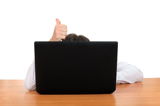 Person Shows Thumb Up Gesture behind Laptop. Isolated on the White Background