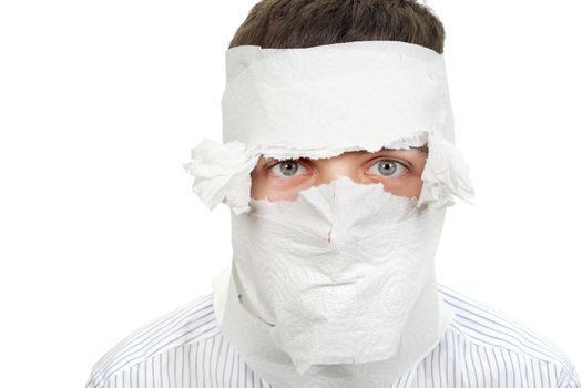 Man in shirt and necktie wrapped his face in a paper. Isolated on the White Background