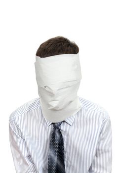 Man in shirt and necktie wrapped his face in a paper. Isolated on the White Background