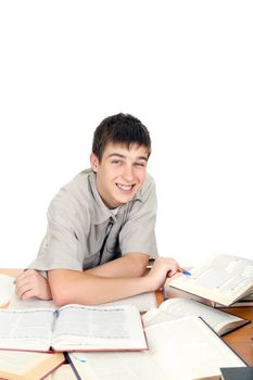 Happy Student on the School Desk. Isolated on the White Background