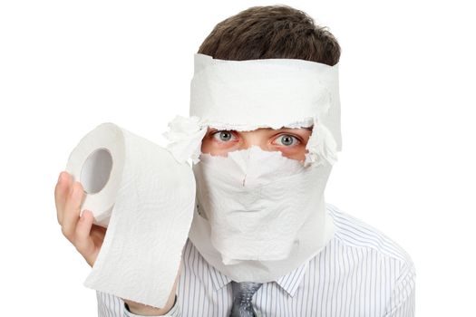 Man in shirt and necktie with Toilet Paper. Isolated on the White Background