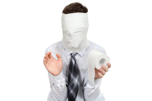 Man with no face holds roll of Toilet Paper. Isolated on the White Background