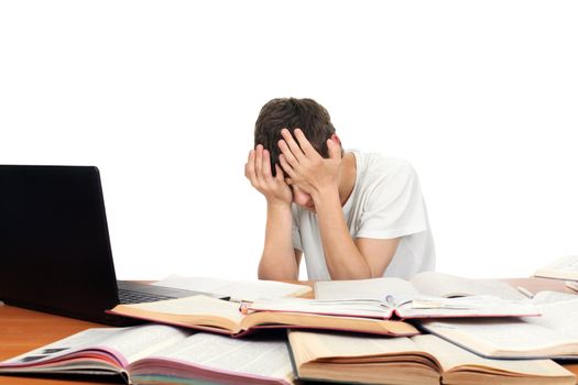 Sad Student on the School Desk hide his Face. Isolated on the White