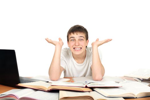 Happy Student on the School Desk rise his palms. Isolated on the White Background