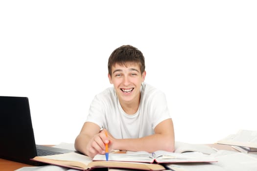 Happy Student on the School Desk. Isolated on the White Background