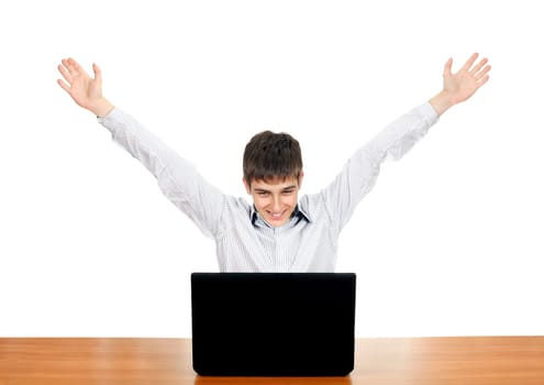 Happy Teenager with Laptop raise his hands. Isolated on the White Background