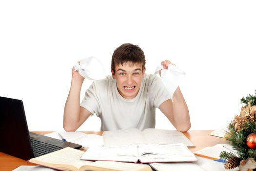 Angry Student with rumpled papers in his hands. Isolated on the white background