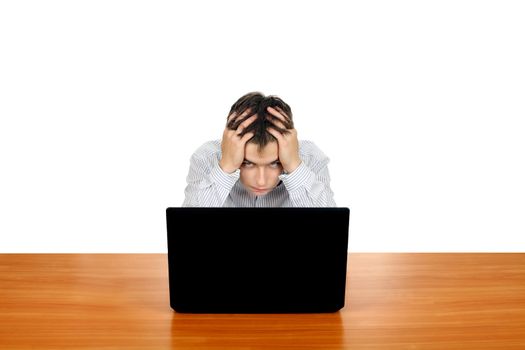 Sad and Troubled Teenager with Laptop. Isolated on the White Background