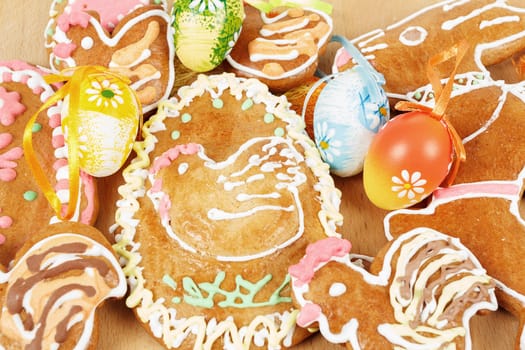 collection of easter gingerbreads and painted eggs