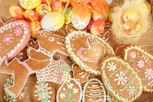 collection of easter gingerbreads and painted eggs