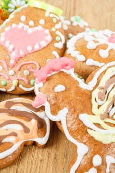 Close up of easter gingerbreads on wooden background