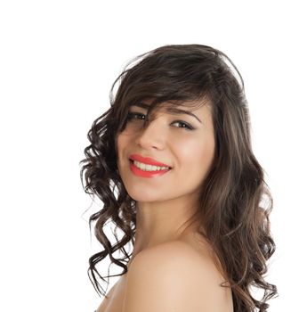 Beauty portrait of a beautiful brunette smiling on white background.