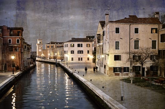 Beautiful water street -  Venice, Italy, evening view, artwork in painting style