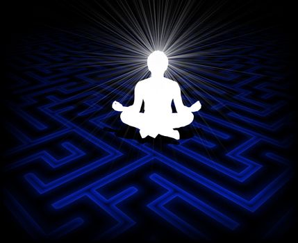 Illustration of a person meditating over a maze background