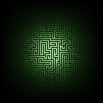 Illustration of a green and black maze with lens flare and faded edges