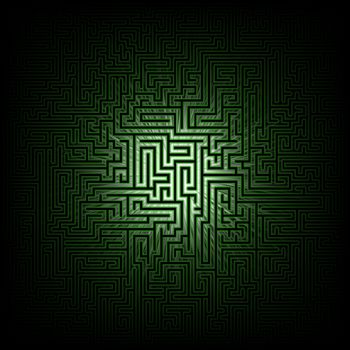 Illustration of a green and black maze with lens flare and faded edges