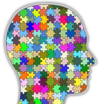 Illustration of a head full of colourful jigsaw pieces