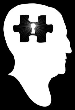 Illustration of a silhouette man with a puzzle piece and keyhole inside his head