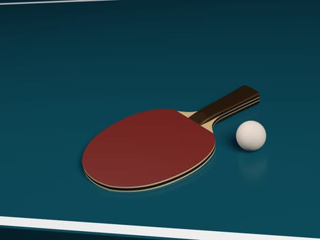 One Racket on the red side with a Ball on a Table Tennis without any brand