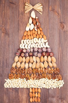 Set of different varieties of nuts in the form of a tree with a gold bow at the top