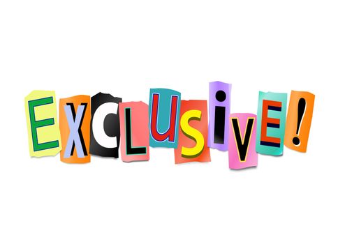 Illustration depicting cutout printed letters arranged to form the word exclusive.