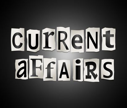 Illustration depicting cutout printed letters arranged to form the words current affairs.