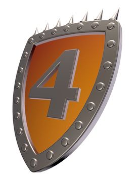 shield with the number four - 4 - on white background - 3d illustration