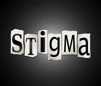 Illustration depicting cutout printed letters arranged to form the word stigma.
