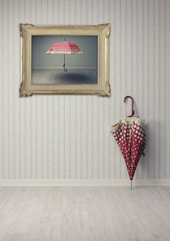 vintage umbrella in an empty room or art gallery