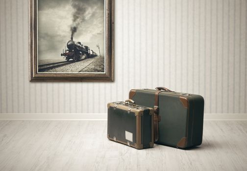 Old-fashioned suitcases alone in a train station. 