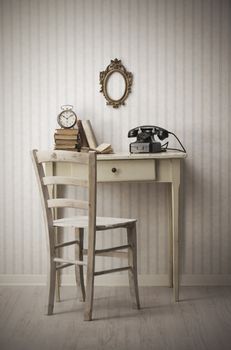 Vintage interior with table and old phone