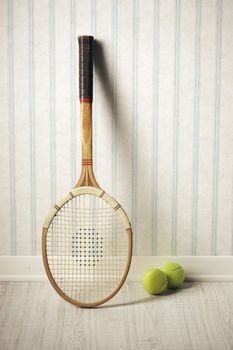 tenniss racket and balls against a vintage wallpaper