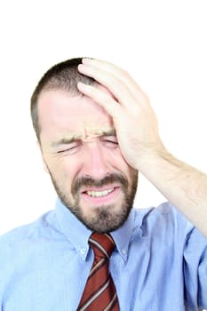 Strong headache - businessman in pain. Young adult near his 30s - portrait isolated against white background. Short-haired male.