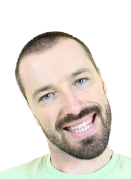 Happy man with tilted head. Young adult near his 30s - portrait isolated against white background. Short-haired male.