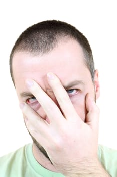 Facepalm gesture showing frustration, disbelief and annoyance. Young adult near his 30s - portrait isolated against white background. Short-haired male.