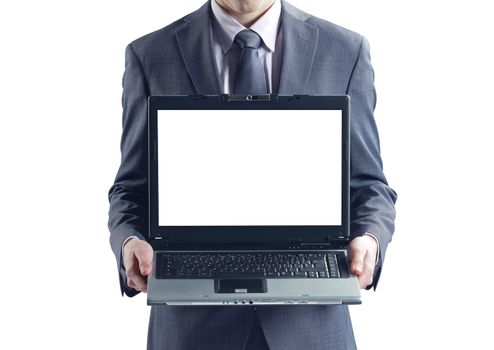 Businessman holding his laptop isolated on white background