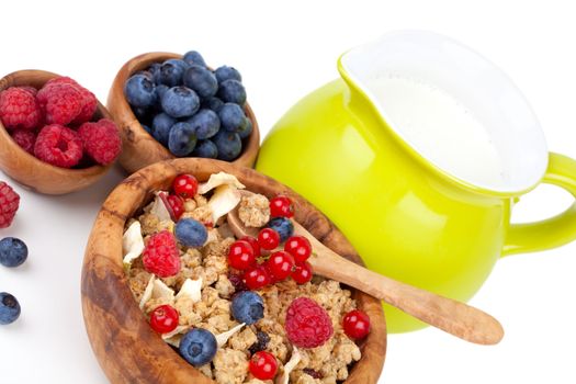 muesli breakfast with fruit and milk