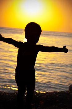 Silhouette of playful child at the seashore at sunset