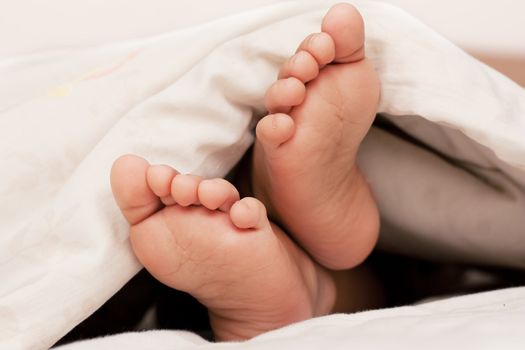 The tiny feet of a newborn baby under a blanket