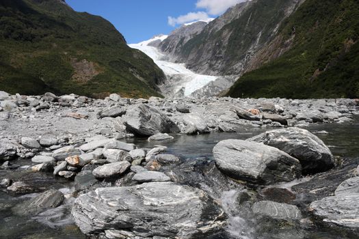 Franz Josef Glacier in Westland National Park on the West Coast of New Zealand's South Island. Southern Alps mountains.