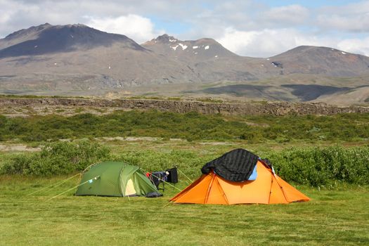 Campsite in Thingvellir - famous tourist area in Iceland. Summer camping.