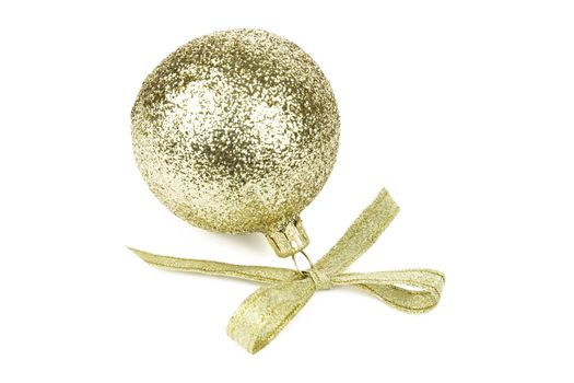 isolated golden ball, focus point on the metal part with ribbon